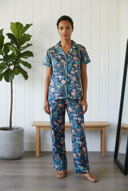 Japanese Garden floral Set. Short sleeve top/ long pants