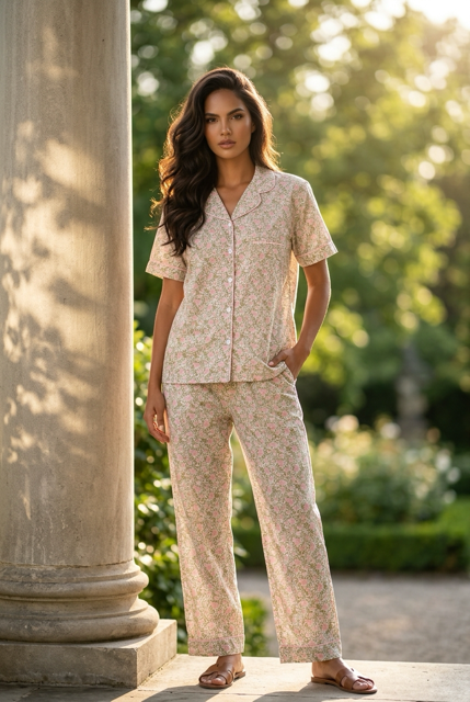 Short sleeve top , Long pants : Soft pink blossom