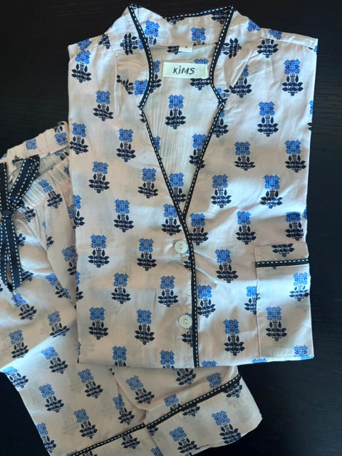 Blue motif print- Mandarin collar shorts set