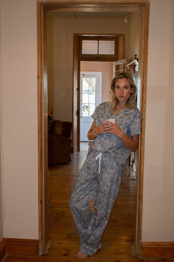 Short sleeve top with Long Pants Teal bird floral