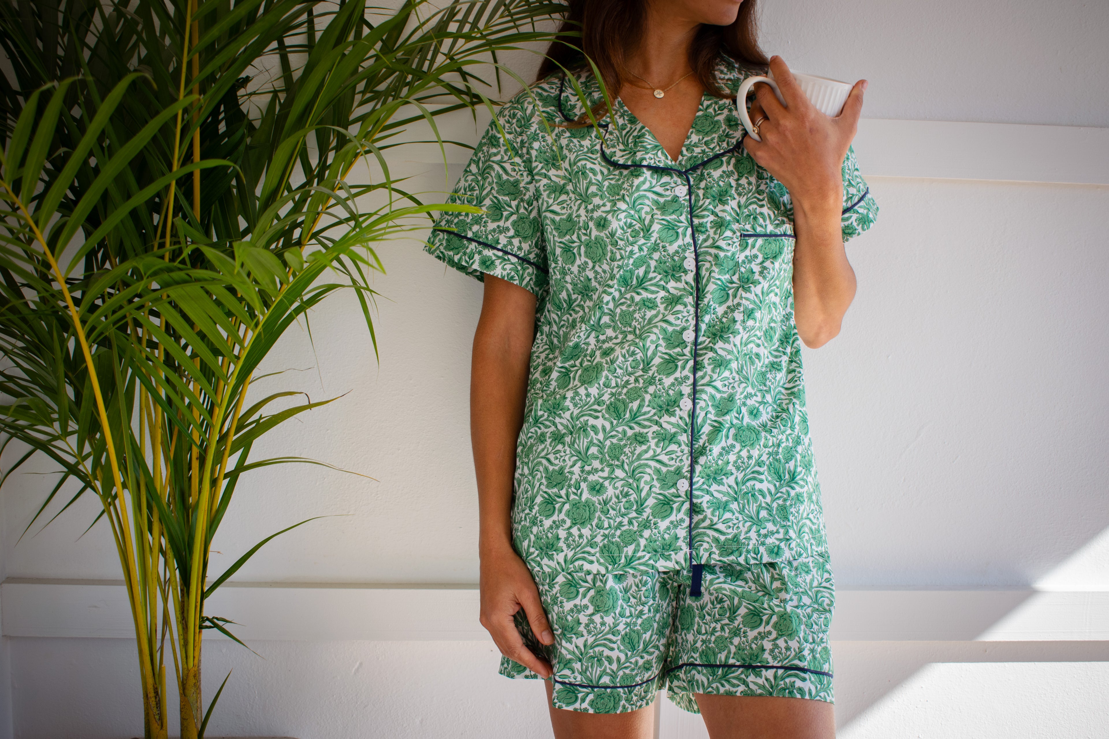 Green classic Floral with Navy trim