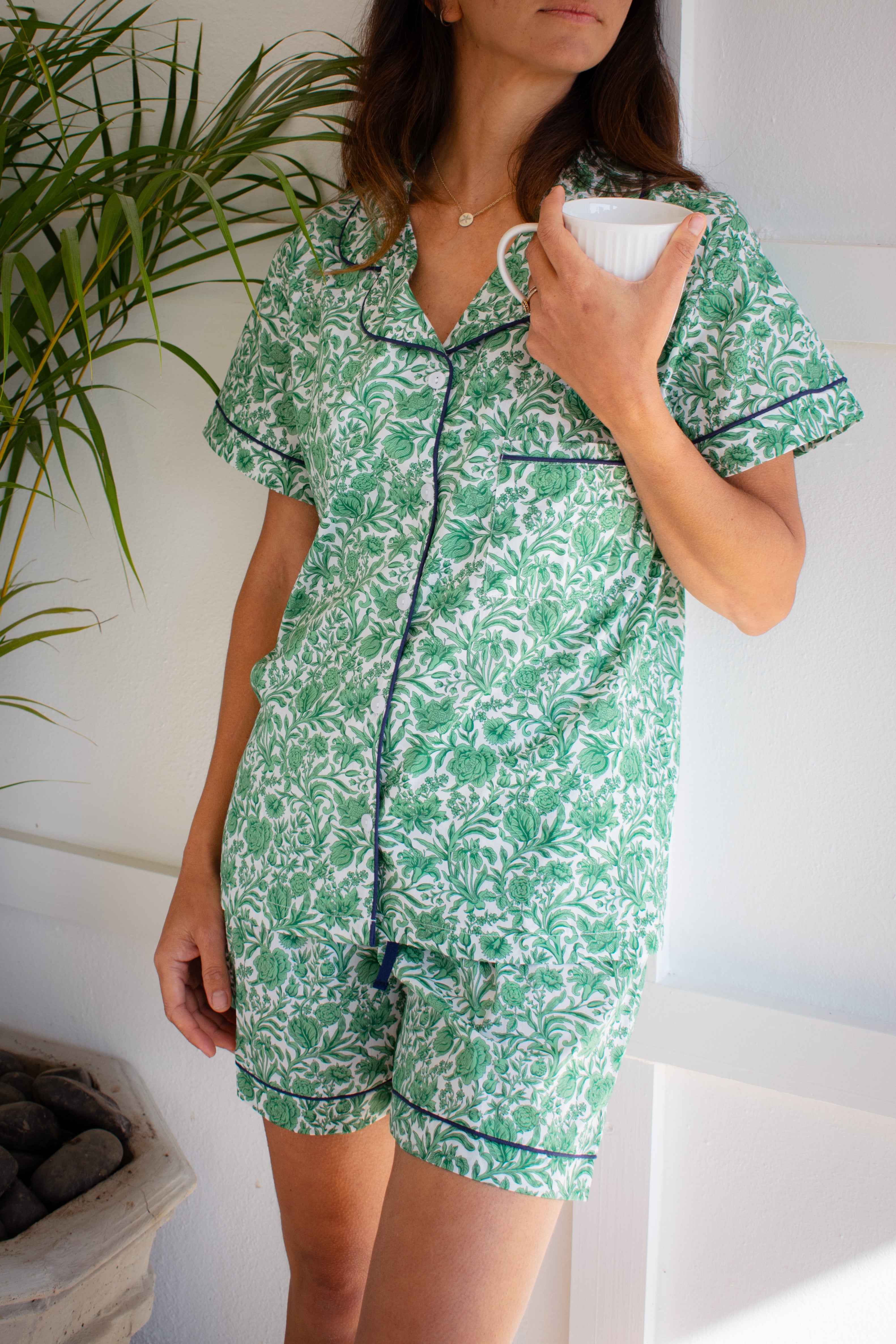 Green classic Floral with Navy trim