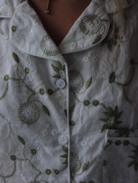 Embroidered Green White Cotton shorts set