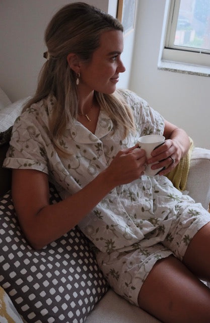 Embroidered Green White Cotton shorts set
