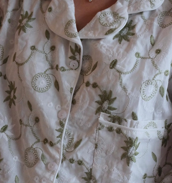 Embroidered Green White Cotton shorts set