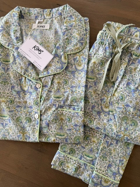 pastel blue and green short sleeve top with long pants